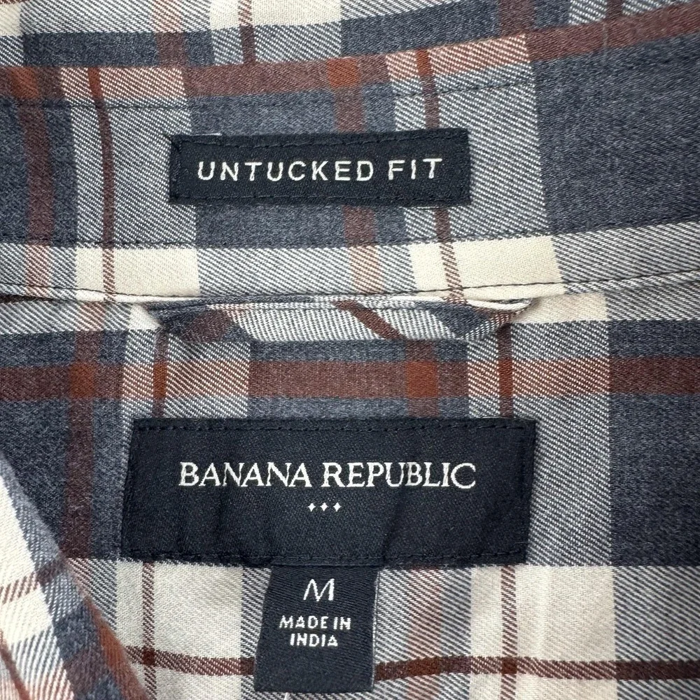 Banana Republic Twill Shirt Mens Medium Gray Plaid Untucked Fit Office‎ NEW $60